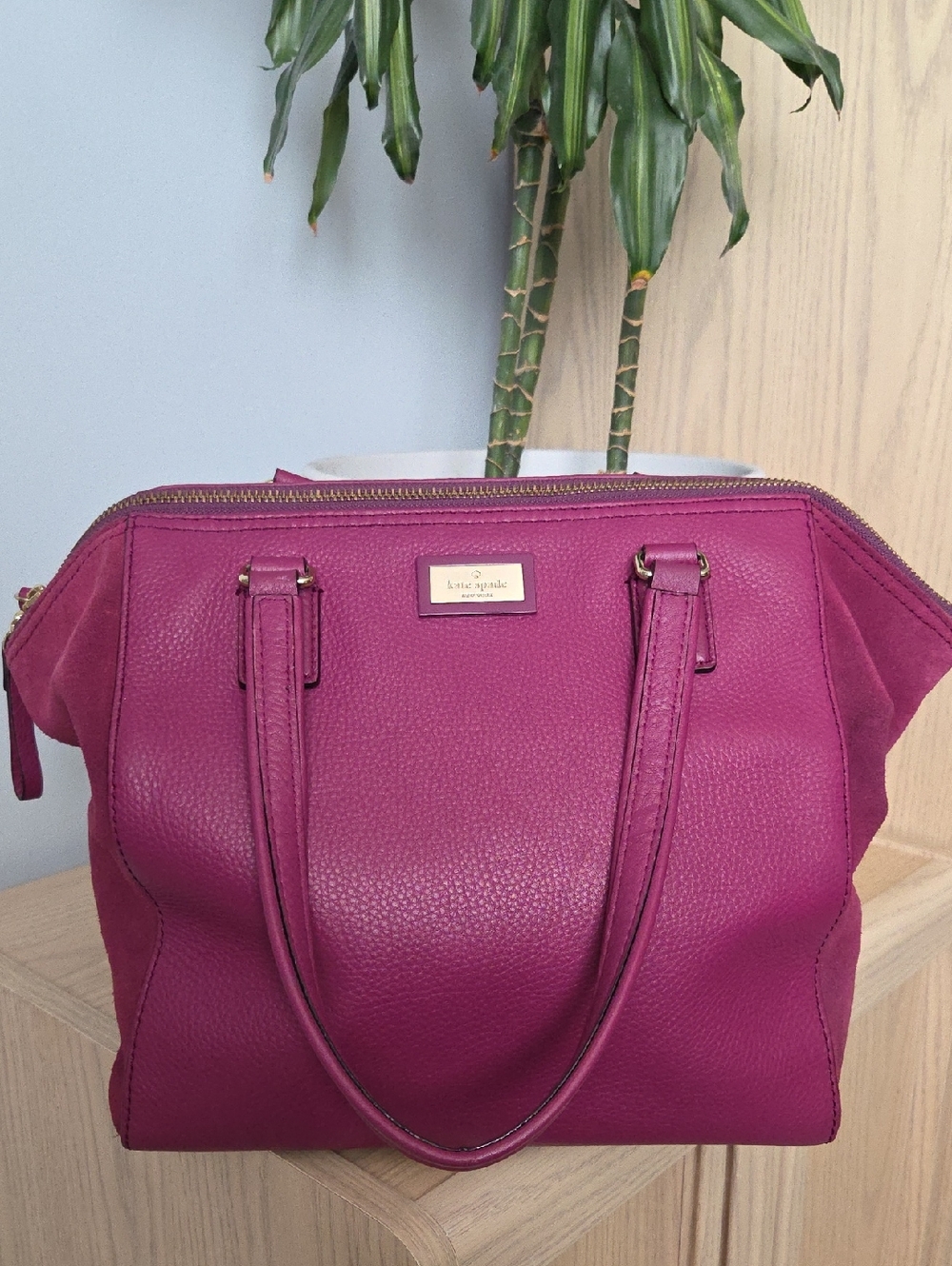 kate spade Bay Street Lydia Magenta Pebbled Leather & Suede Bowling Bag Tote